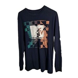 MTV Logo Long Sleeve Cotton Blend Shirt Dark Blue 2021 Viacom Unisex Size Small